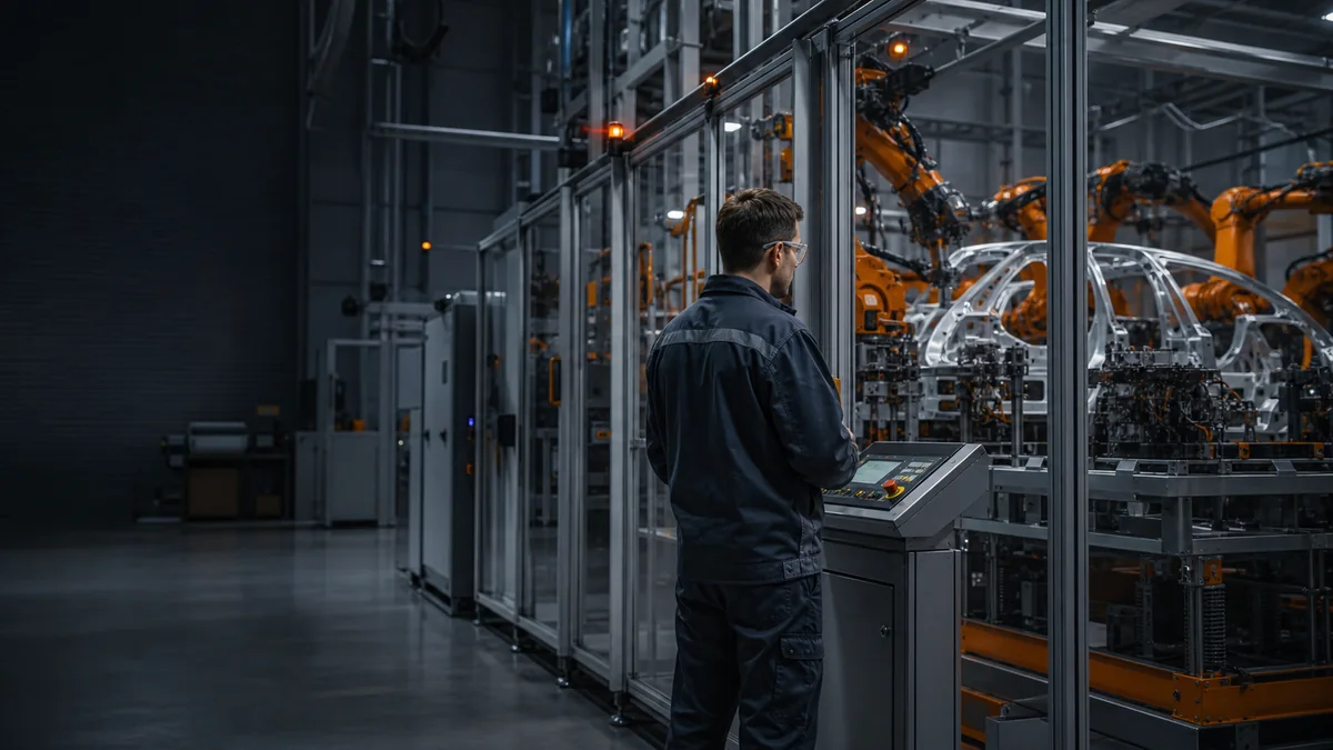 Techniker überwacht eine automatisierte Roboterzelle in der Automobilindustrie