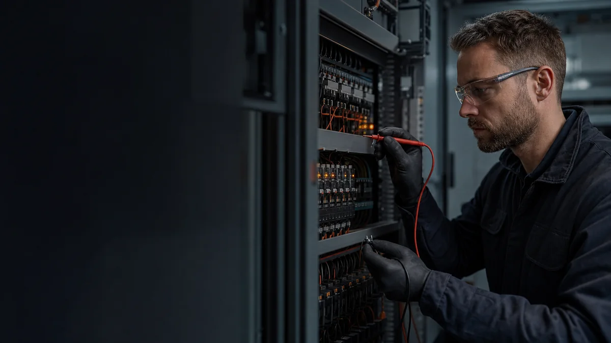 Elektrotechniker misst an einem industriellen Schaltschrank