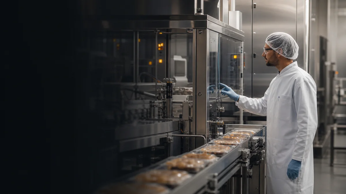Techniker prüft eine hygienische Lebensmittel-Verpackungslinie