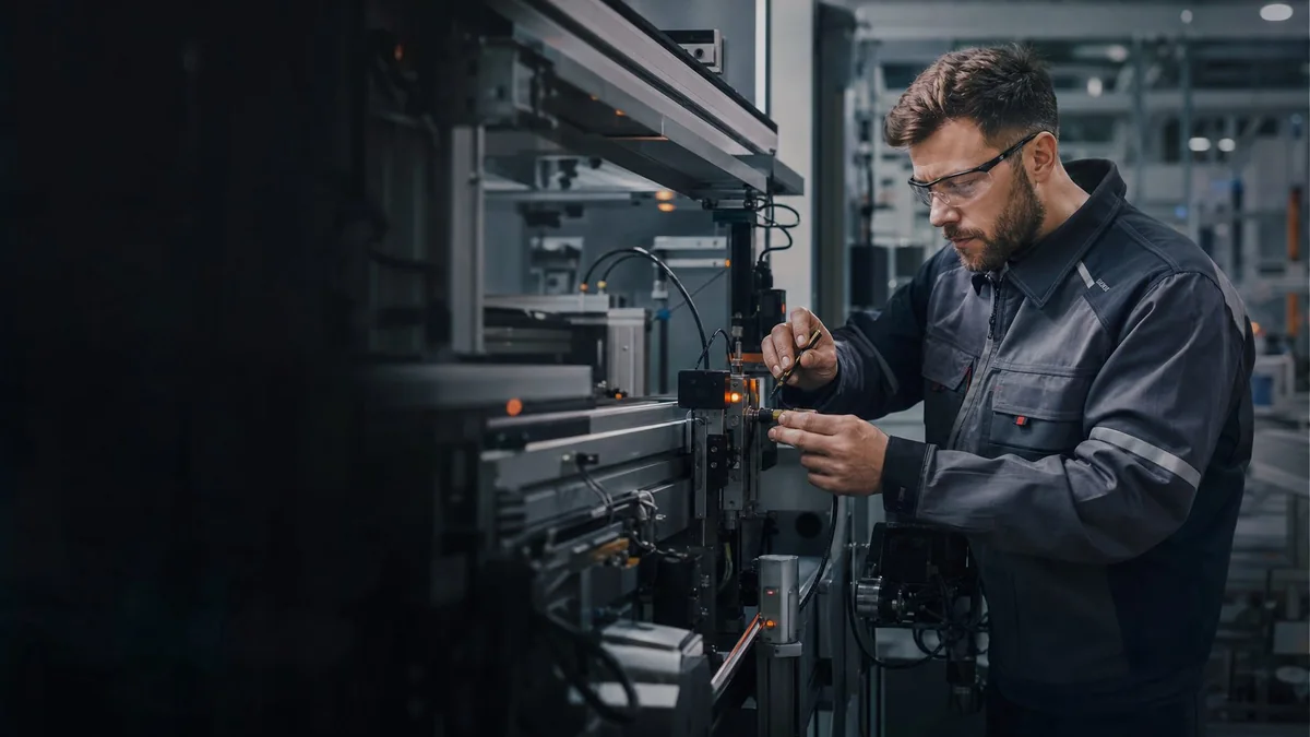 Mechatroniktechniker prüft eine automatisierte Produktionslinie