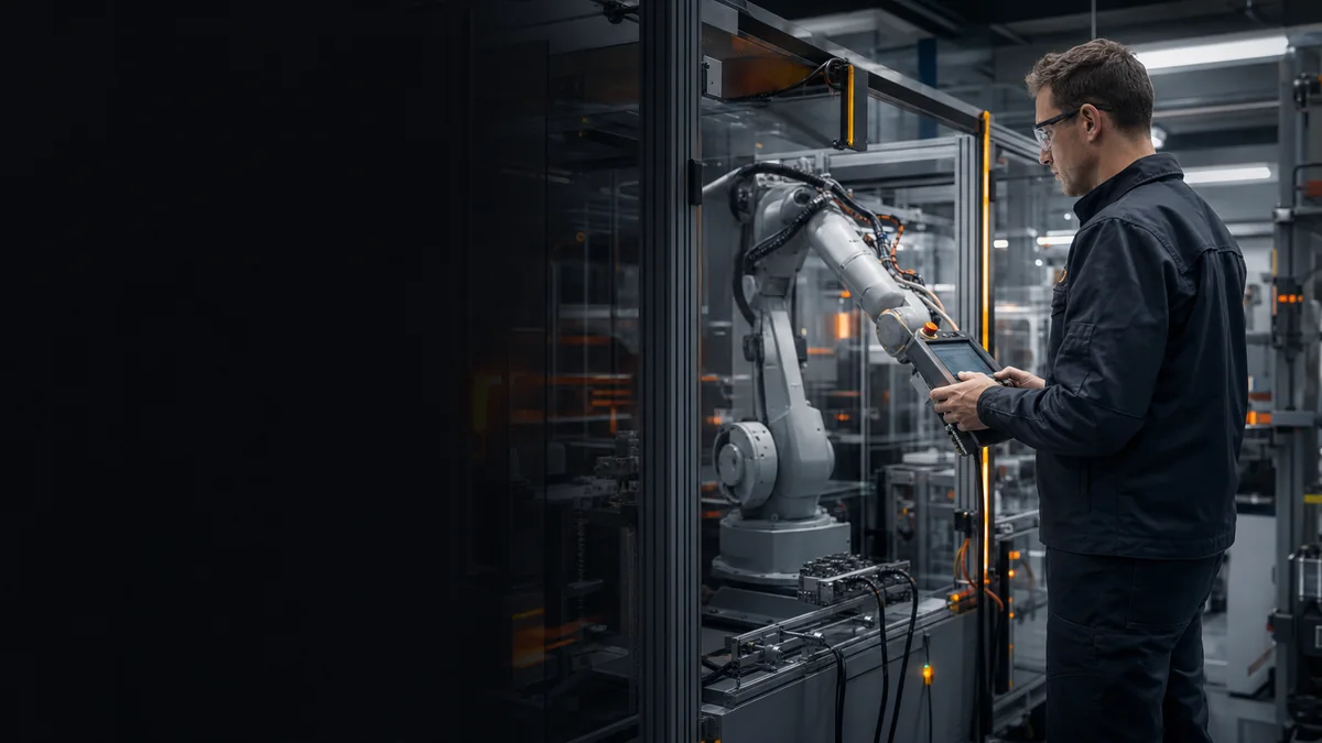 Robotertechniker wartet eine Industrieroboterzelle